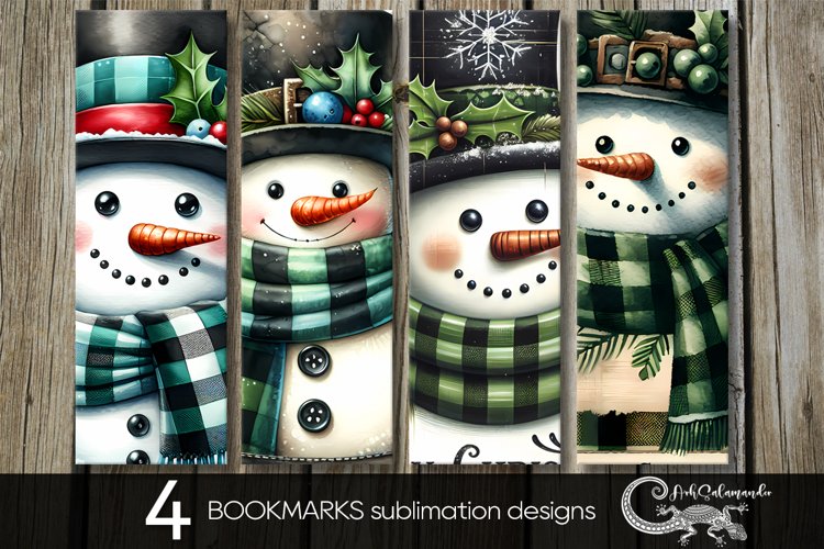 Christmas snowman | 4 retro Xmas bookmarks sublimation example image 1