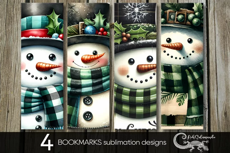 Christmas snowman | 4 retro Xmas bookmarks sublimation