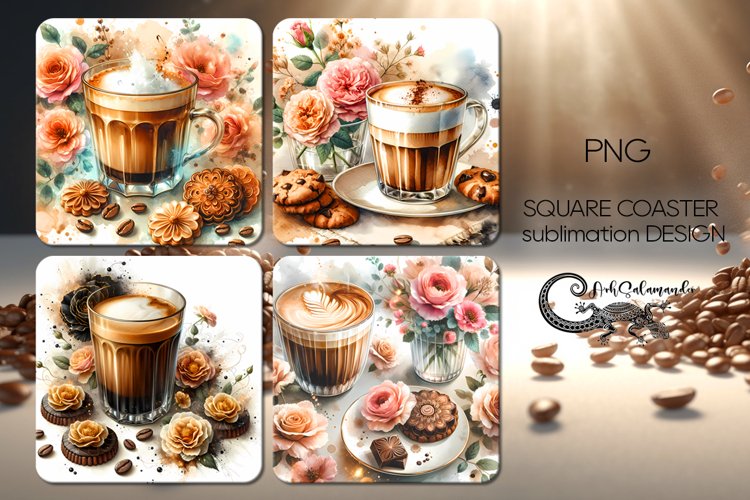 Watercolor Coffee | 4 square coaster sublimation designs PL example image 1