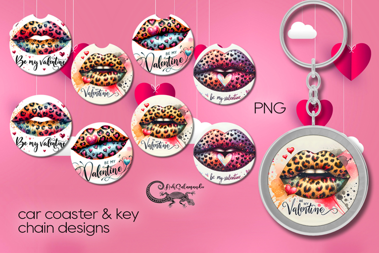Valentine lips | 4 Car coaster & 4 key chain designs