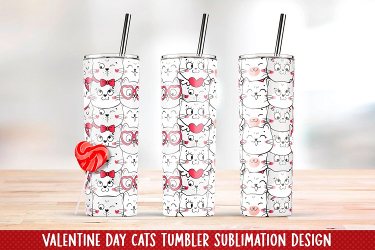 Valentine cats pattern. Skinny Tumbler Sublimation design.