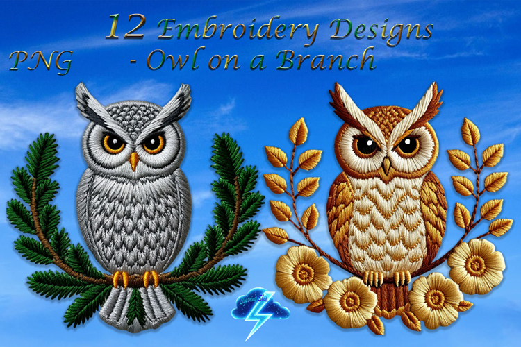 Owl Clipart | 12 Embroidery Designs - Owl on a Branch, PNG