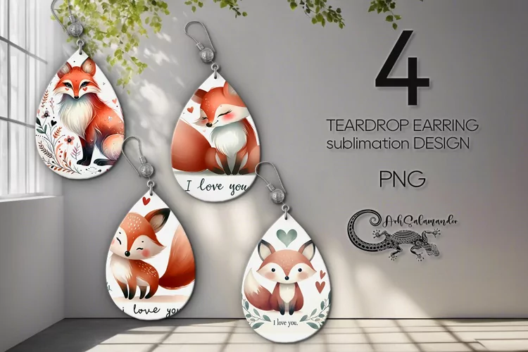 Valentine animals | fox teardrop earring sublimation design