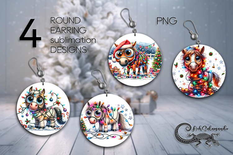 Christmas horse | 4 xmas Round earring Sublimation designs