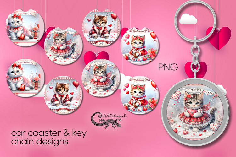 Valentine cat | love 4 car coaster & 4 key chain designs