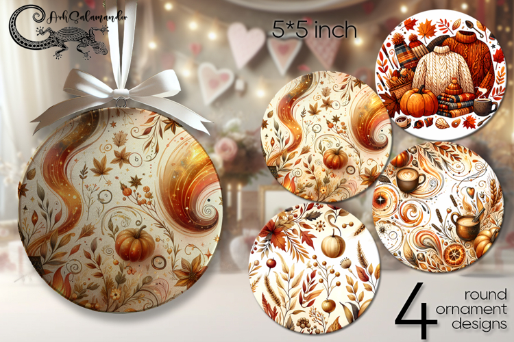 Golden autumn | 4 fall Round ornament sublimation designs