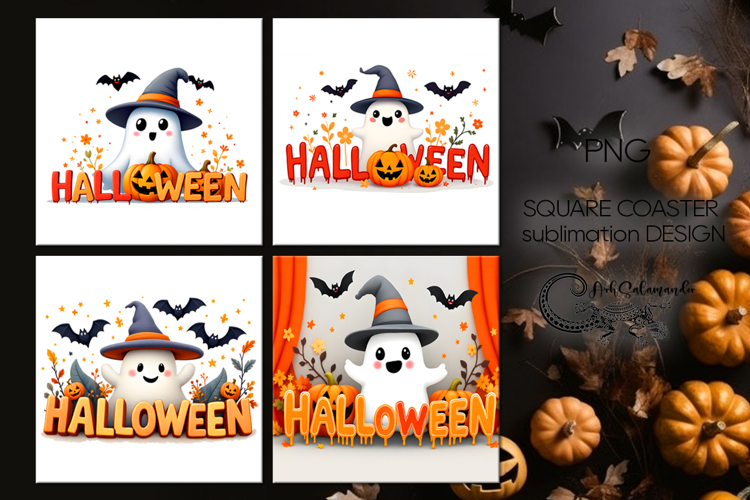 Cute ghost 2 | funny Halloween square coaster sublimation PL