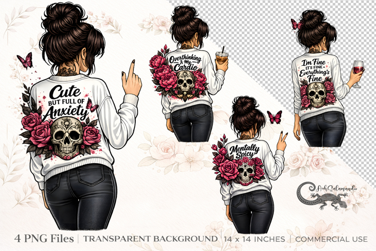 Messy Bun & adult phrases | 4 PNG clipart Sublimation design
