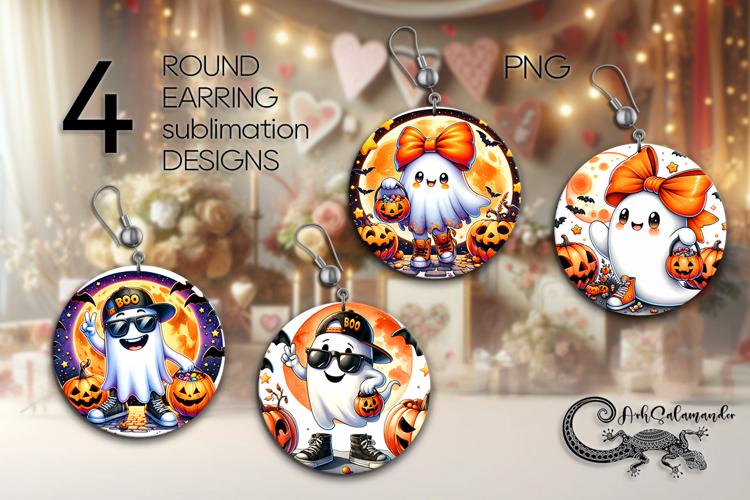 Funny ghost | 4 Halloween Sublimation round earring designs