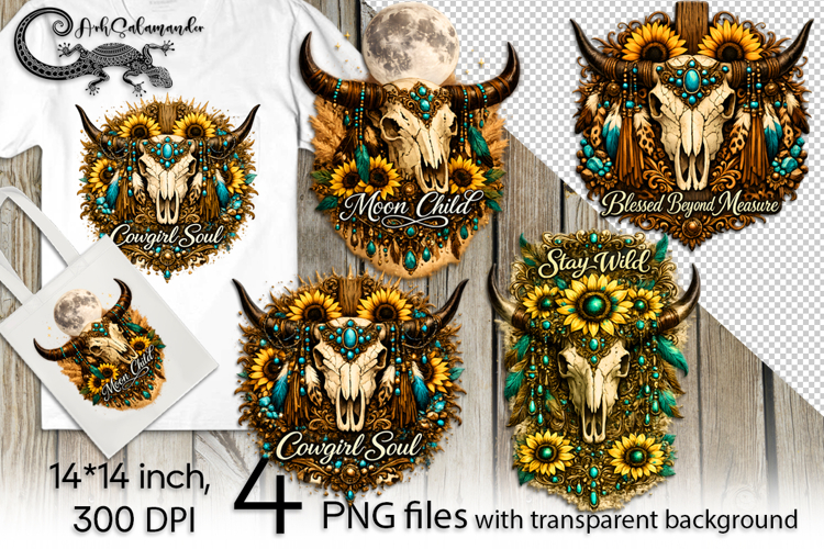 Sunflowers & cow skull | 4 Western PNG Sublimation