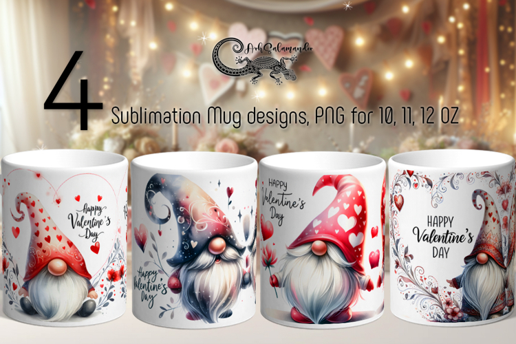 Valentine gnomes | 4 watercolor Sublimation Mug designs PL