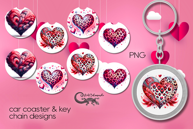 Love hearts | 4 valentine car coaster & 4 key chain designs