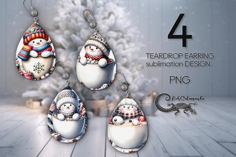Winter snowman with cocoa | Teardrop earring sublimation PLU