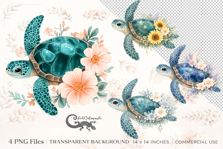 Floral Sea Turtle Clipart Bundle | 4 PNG sublimation designs