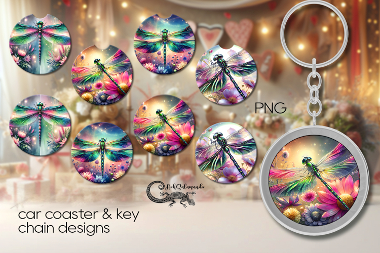 Watercolor Dragonfly | 4 Car coaster & 4 key chain designs P