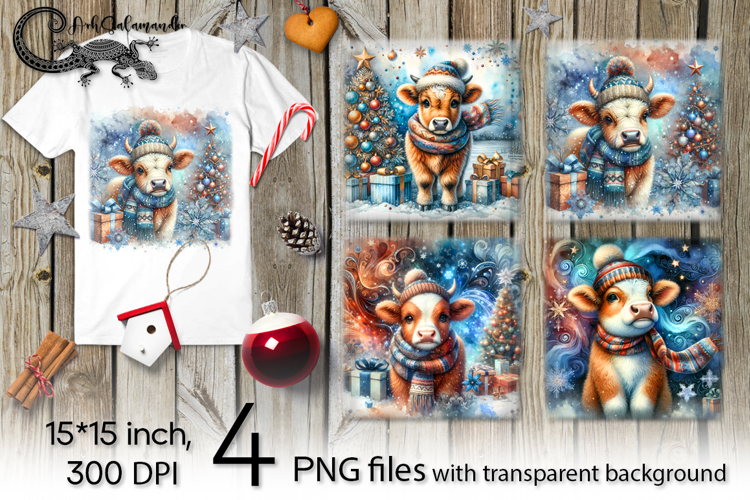 Watercolor christmas cow | 4 retro PNG Sublimation designs
