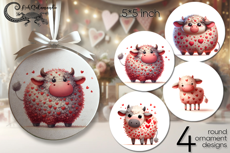 Valentine cow | 4 love round ornaments sublimation dsigns