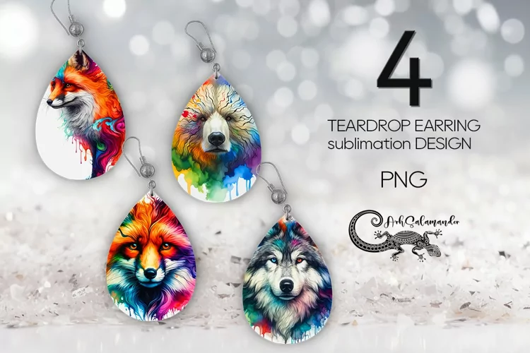Rainbow fox | wolf Teardrop earring sublimation design PLUS2