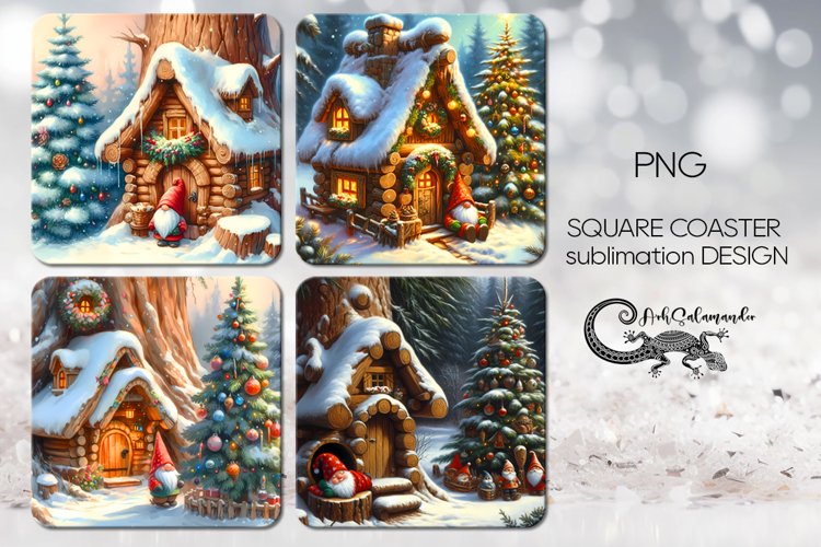 Christmas gnome | 4 square coaster sublimation designs PLUS2