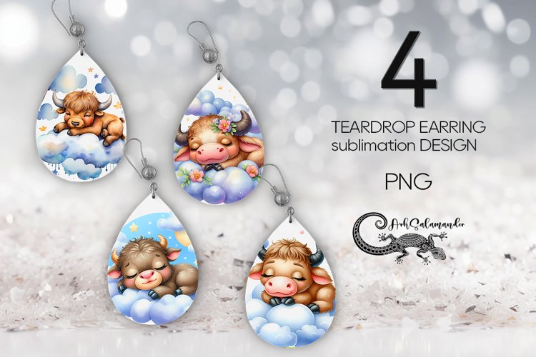 Sleeping cow | Kids Teardrop earring sublimation design PL2 example image 1