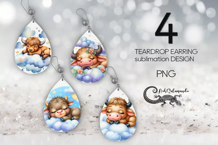 Sleeping cow | Kids Teardrop earring sublimation design PL2