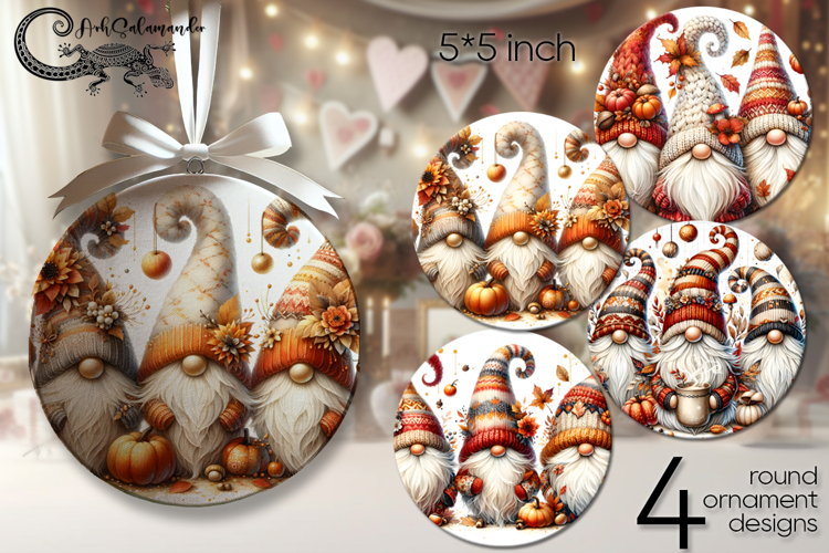 Autumn gnome | 4 fall Round ornament sublimation designs PL2