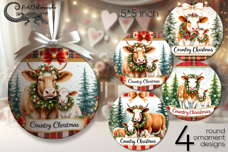 Country Christmas | cow round ornaments sublimation