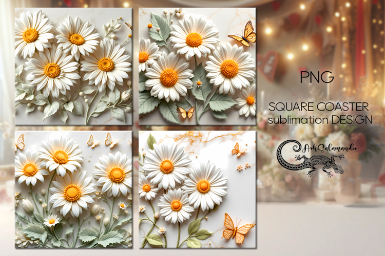 Spring 3d flowers | 4 square coaster sublimation designs PL2