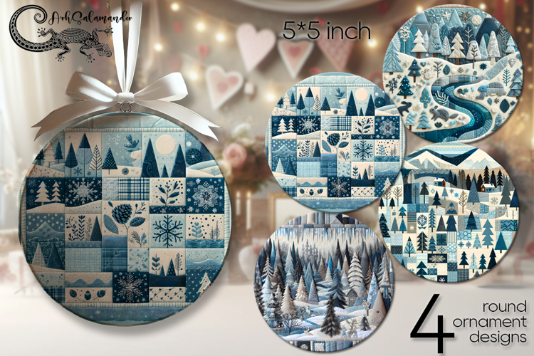 Xmas patchwork landscape | 4 Round ornaments sublimation P2