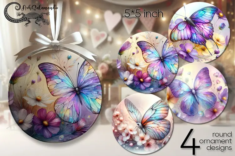 Butterfly design | watercolor round ornaments sublimation PL