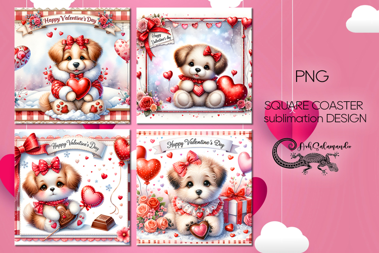Valentine puppy | 4 love square coaster sublimation designs