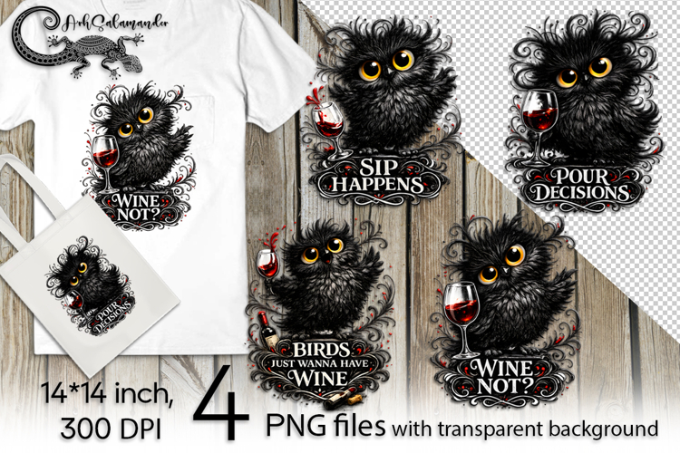Funny black bird & wine | 4 PNG Sublimation designs