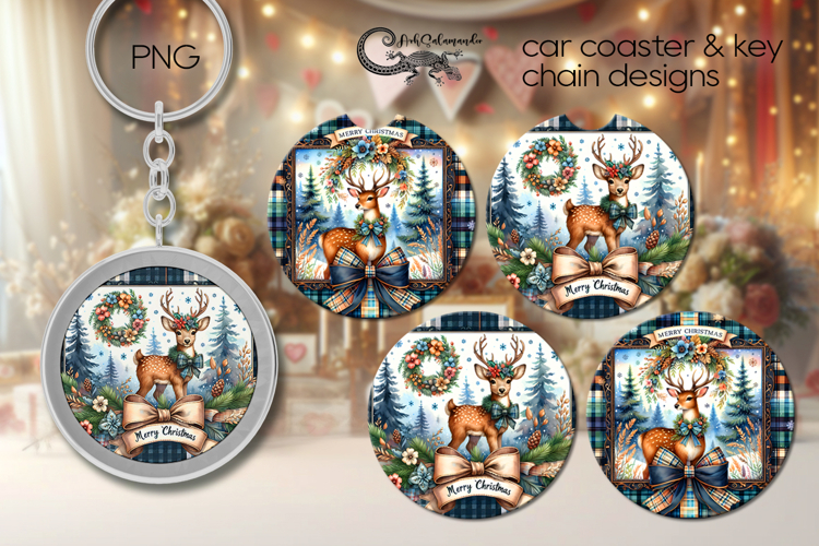 Christmas deer | vintage Car coaster & key chain designs P2