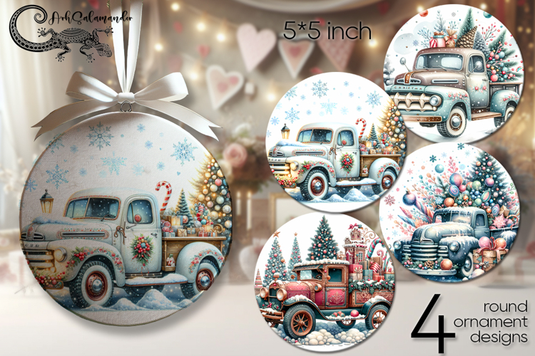 Christmas truck | retro round ornaments sublimation PL