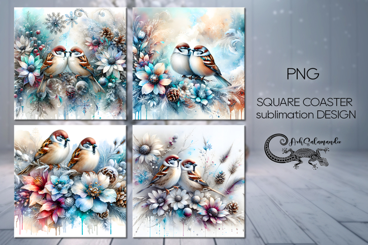 Christmas birds | 4 square coaster sublimation designs