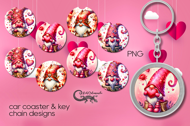Valentine gnome | 4 car coaster & 4 key chain designs P2