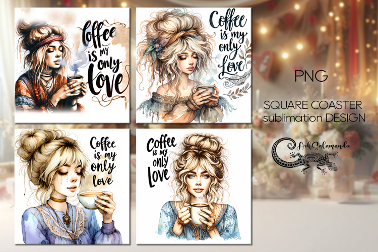 Coffee girl | 4 square coaster sublimation designs PL2