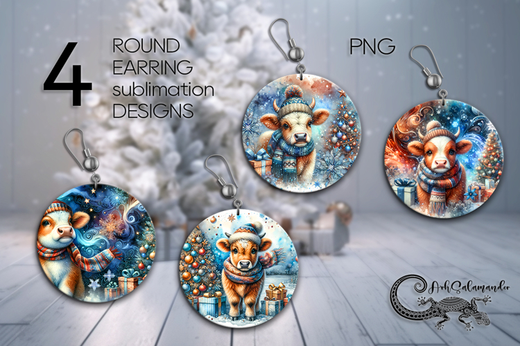 Christmas cow | 4 xmas Round earring Sublimation designs