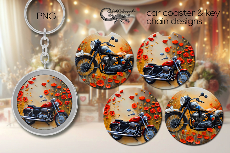 Motorcycle & flower | Bike Car coaster & key chain design P2