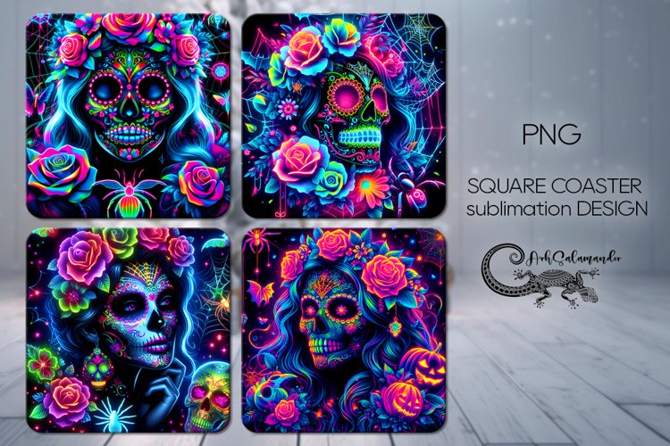 Neon Skulls | 4 Halloween square coaster sublimation PL2
