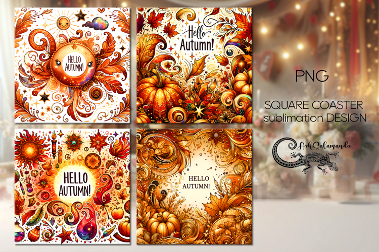 Hello autumn | fall square coaster sublimation design PL2