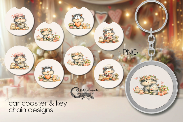 Moms cat | 4 Car coaster & 4 key chain designs P