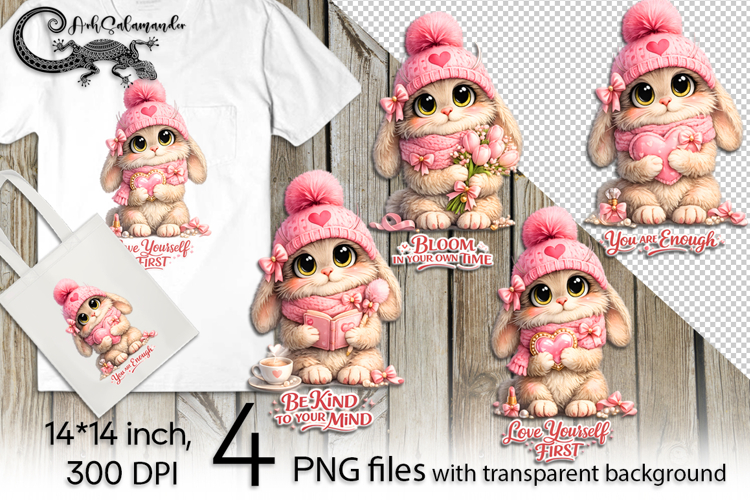 Positive pink rabbit | 4 cute PNG Sublimation designs