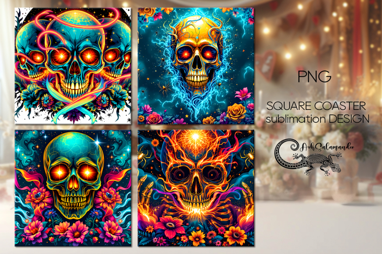 Skulls and flowers | Halloween square coaster sublimation P2