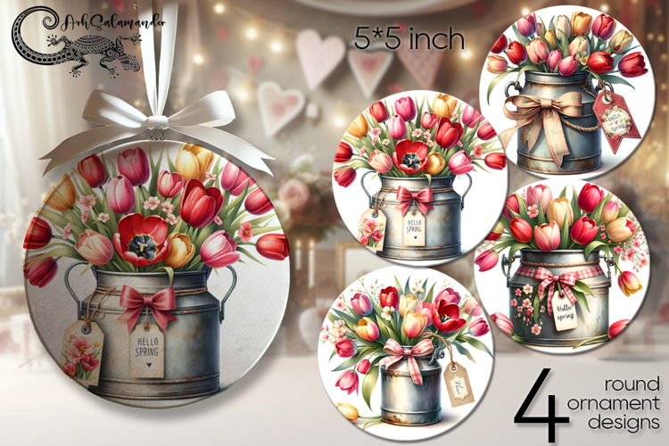 Hello spring | 4 flowers round ornaments sublimation