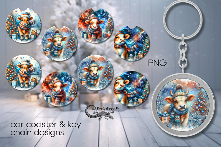Christmas cow | 4 xmas Car coaster & 4 key chain designs P
