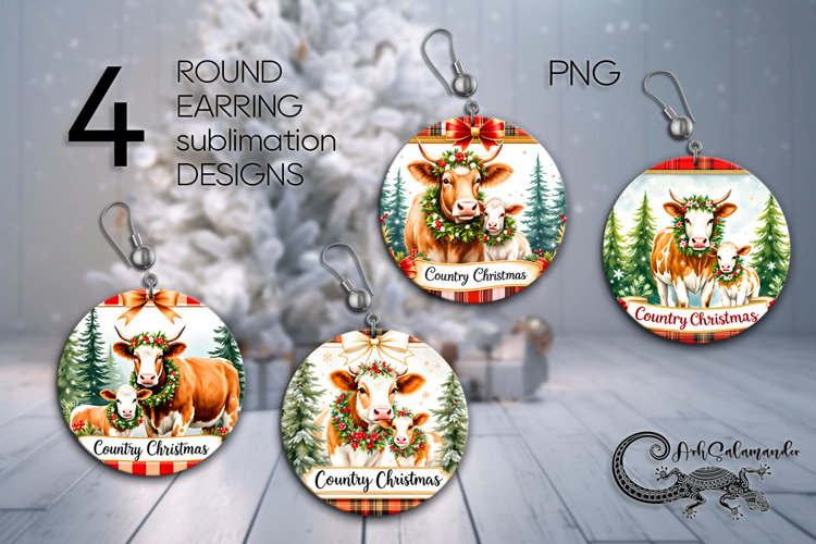 Country Christmas | 4 xmas cow Round earring Sublimation