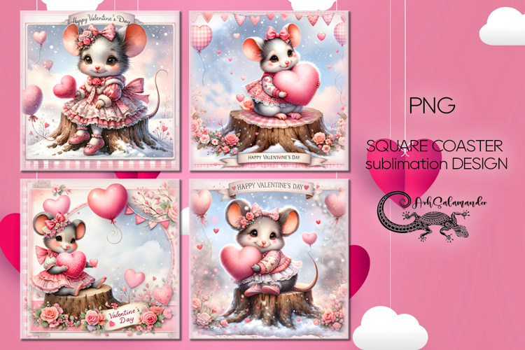 Valentine mouse | 4 love square coaster sublimation designs
