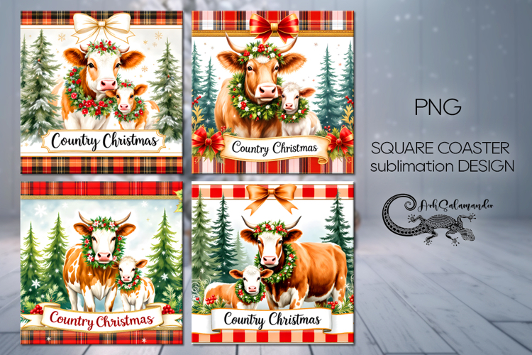 Country Xmas | 4 cow square coaster sublimation designs