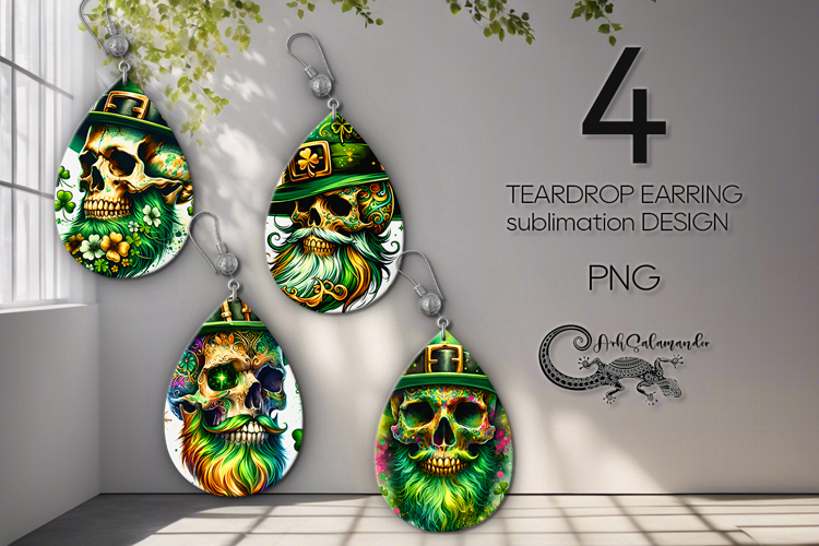 St. Patricks day skull | 4 teardrop Earrings designs P